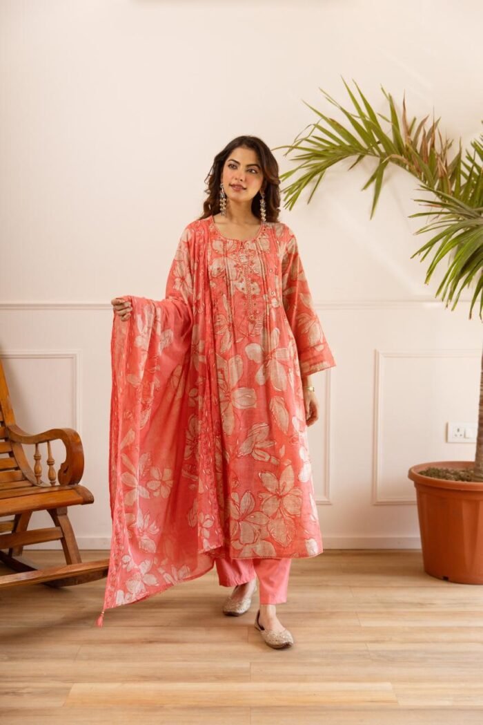 Gulnaar Blush Floral Cotton Suit Set with Dupatta - Image 2