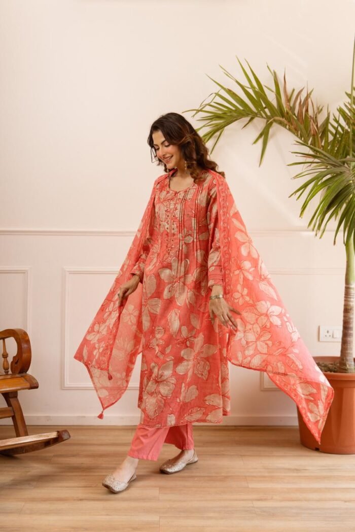 Gulnaar Blush Floral Cotton Suit Set with Dupatta - Image 3