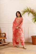 Gulnaar Blush Floral Cotton Suit Set with Dupatta