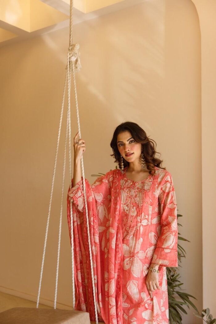 Gulnaar Blush Floral Cotton Suit Set with Dupatta - Image 4