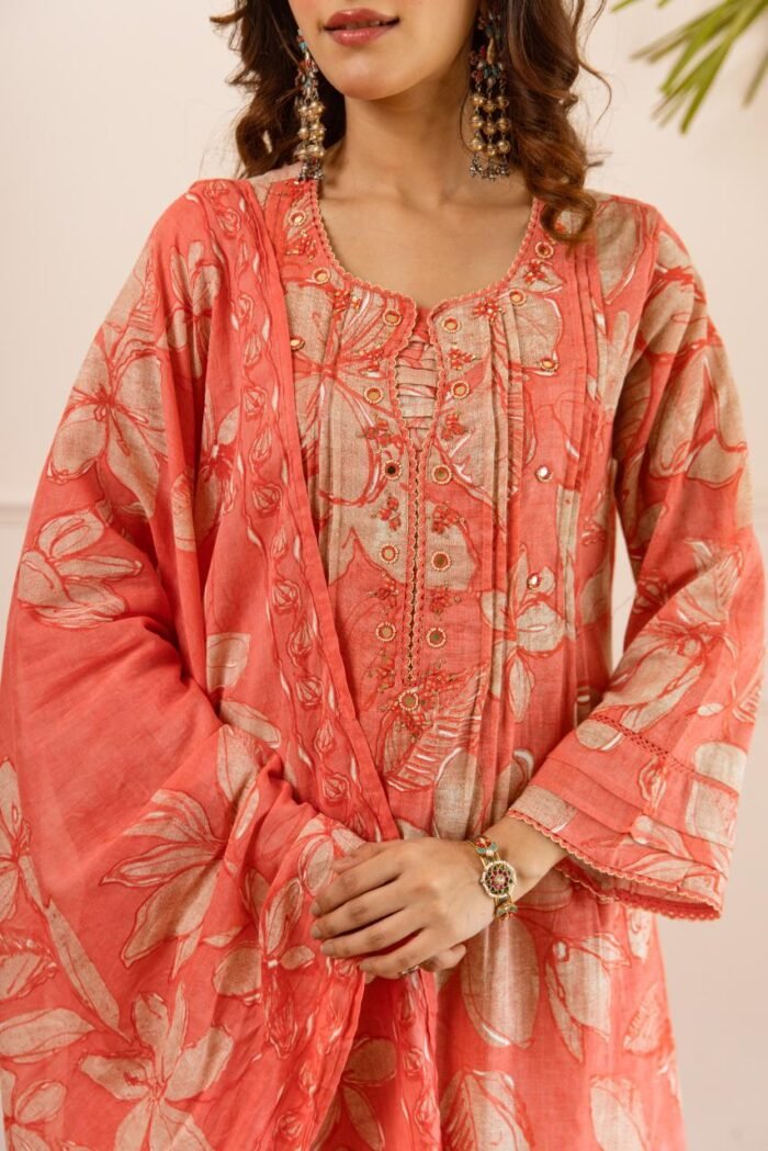 Gulnaar Blush Floral Cotton Suit Set with Dupatta - Image 5